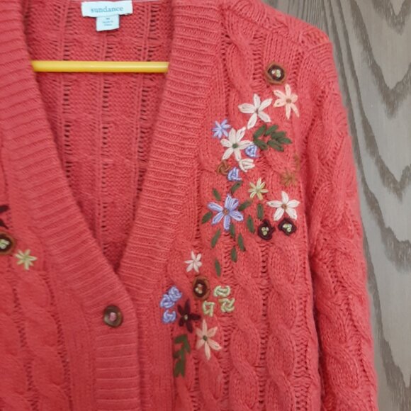 Sundance Hot Pink Floral Embroidered Cable Knit Cardigan Sweater Medium - Picture 4 of 8